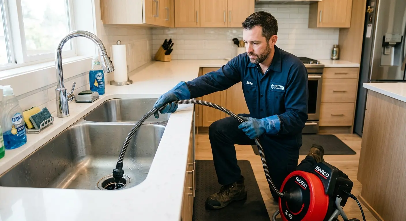 Drain cleaning technician using a motorized snake on a kitchen sink in Hudson