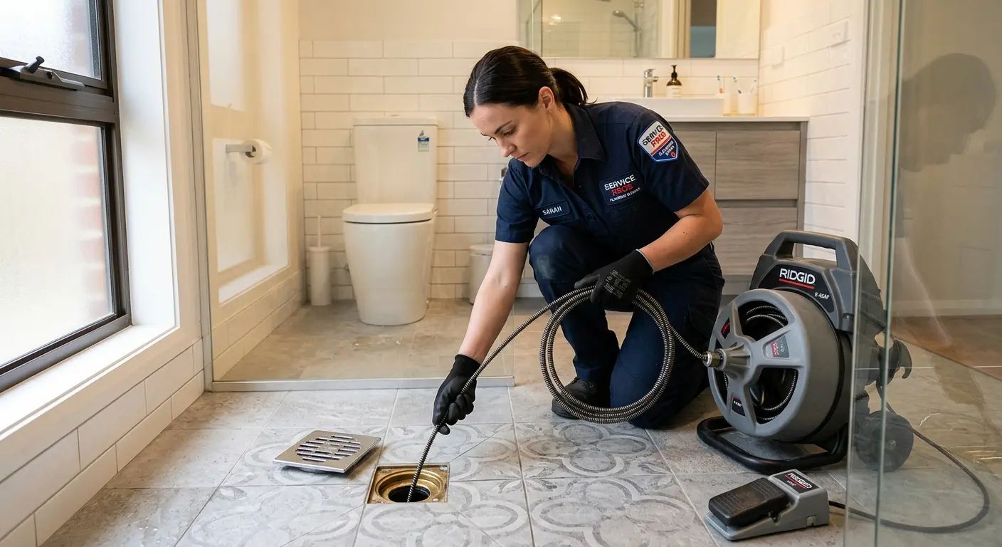 Technician clearing a bathroom floor drain for Clogged Drain Repair in Hudson